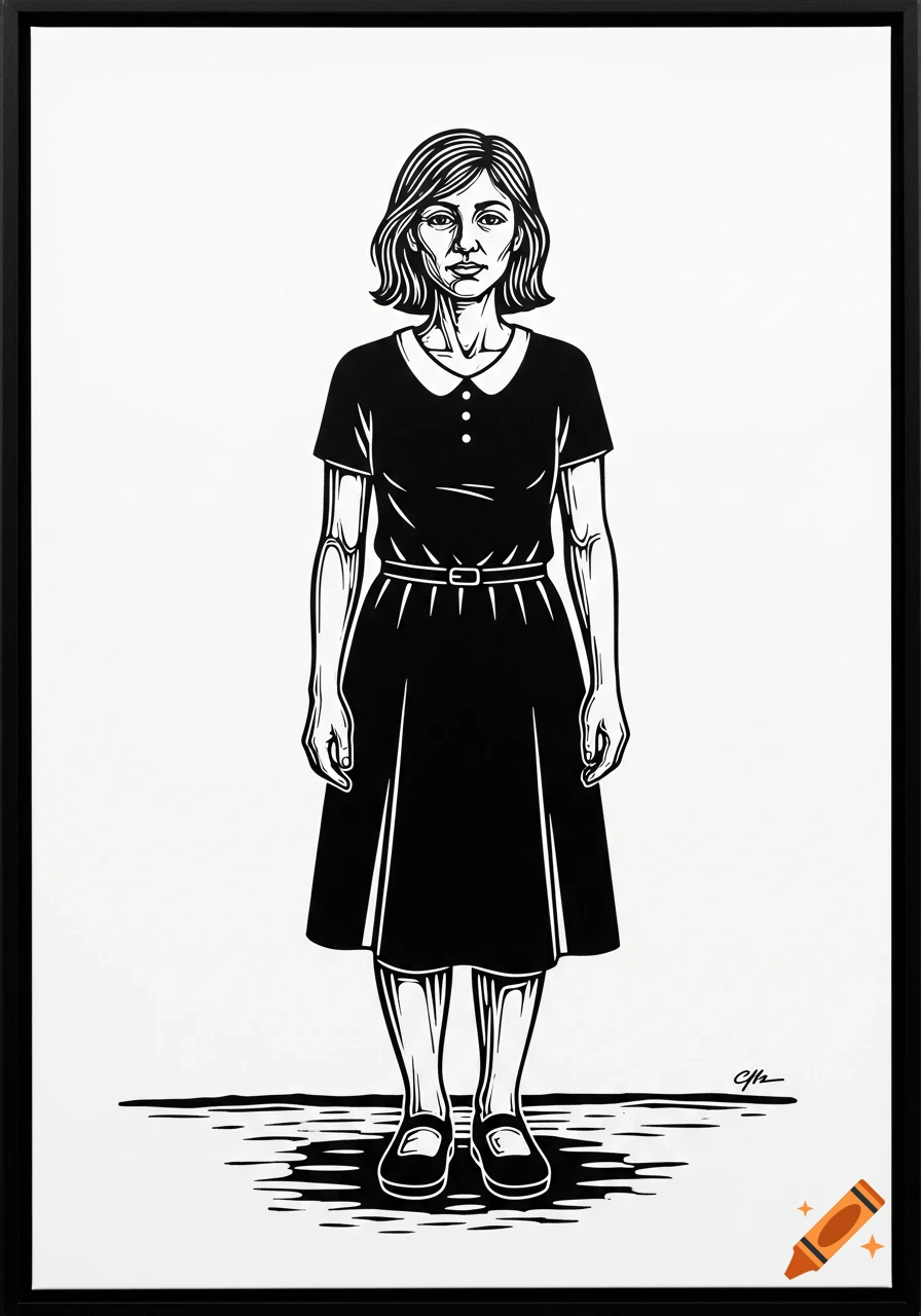 A black and white linocut illustration of a woman in a short-sleeved dress, standing facing forward.