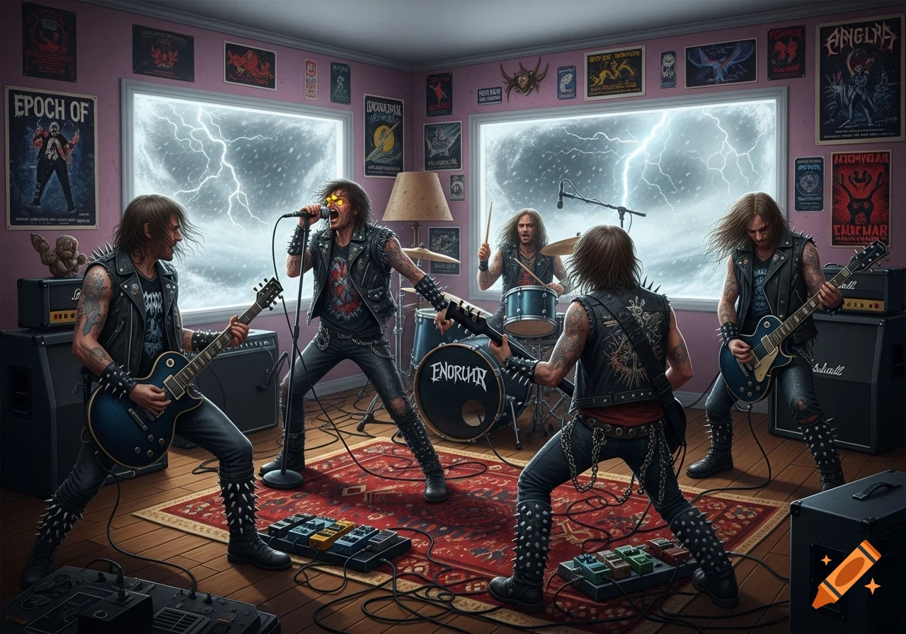 A heavy metal band plays a show in a living room during a snow storm, with lightning visible through the windows.