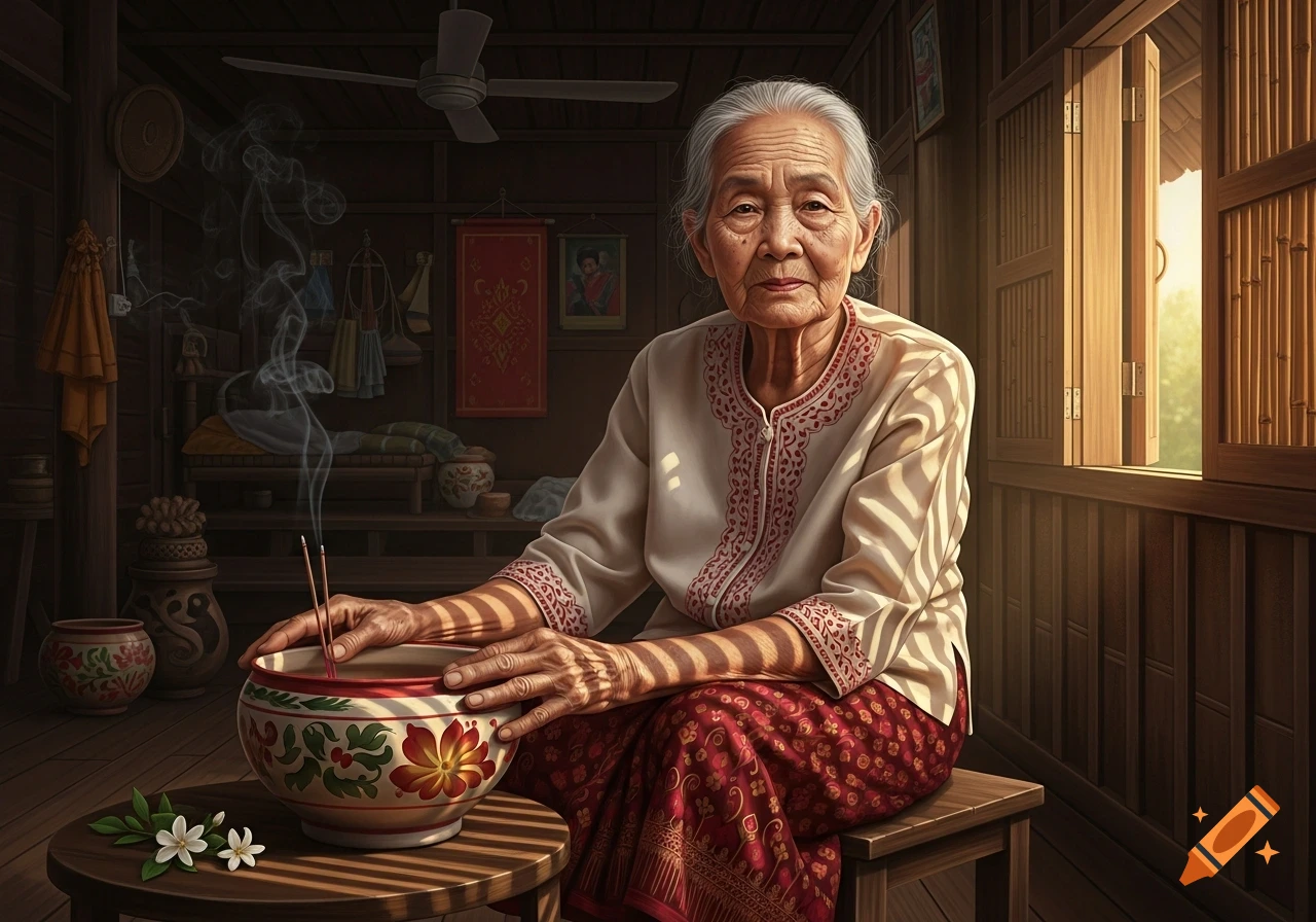 An elderly Thai woman with white hair sits in a wooden room, holding incense sticks over a decorative floral bowl. Sunlight streams in from a window.
