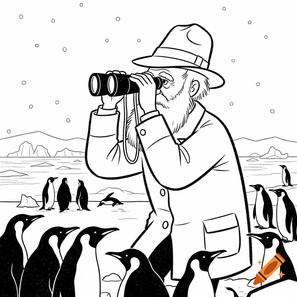 Black-and-white cartoon of Charles Darwin in a hat looking through ...