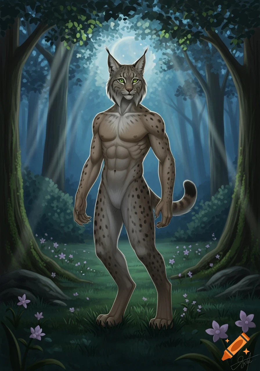 A muscular humanoid lynx with green eyes stands in an enchanted forest under moonlight, digital art.