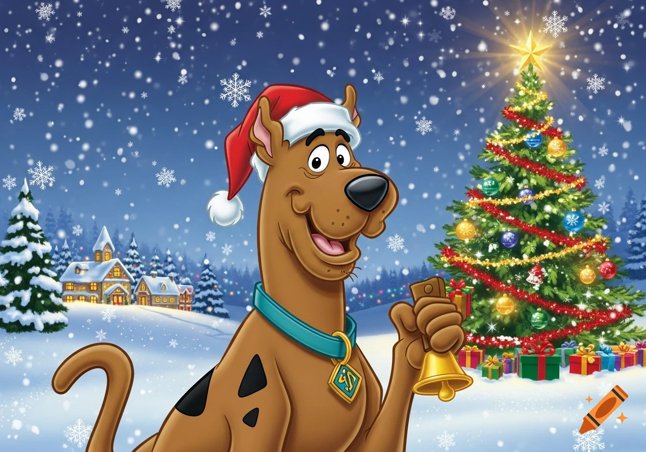 Scooby-Doo wearing a Santa hat, holding a bell, standing in a snowy village with a decorated Christmas tree.