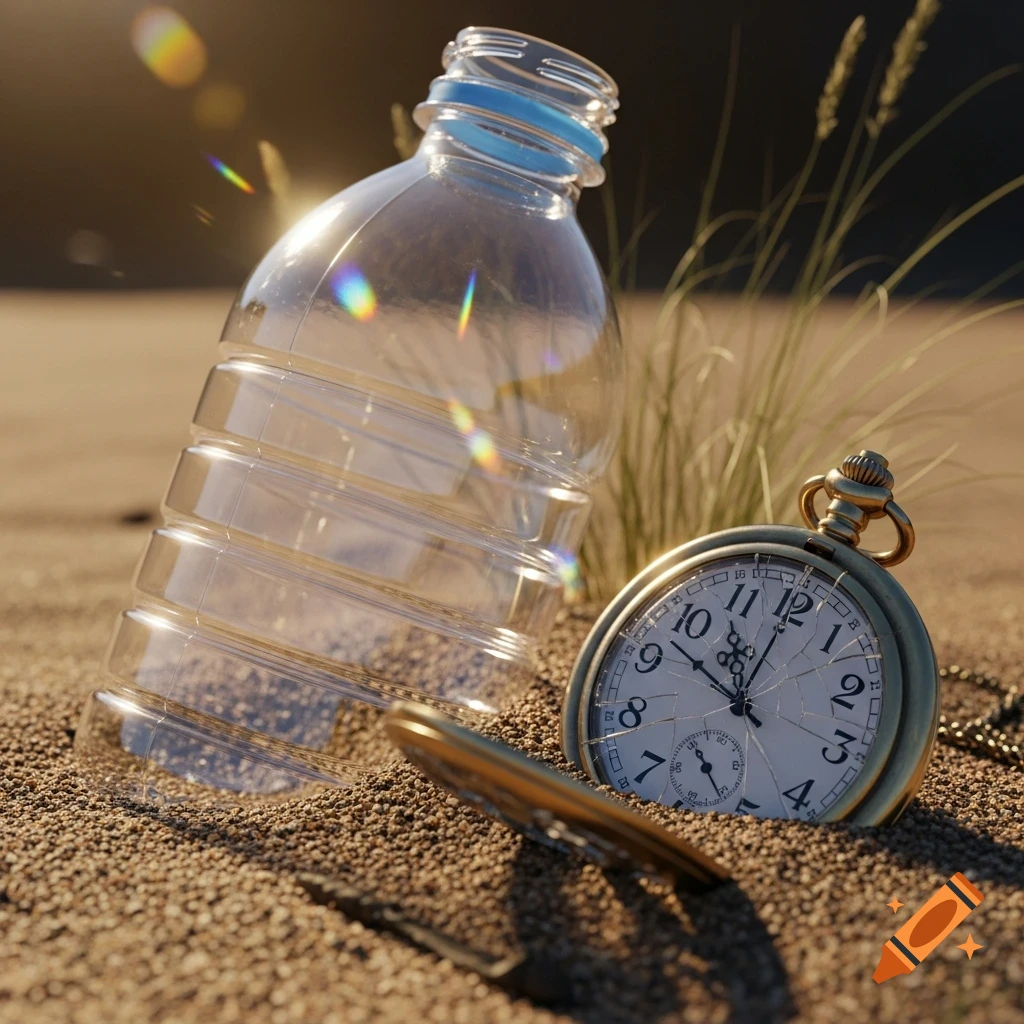 A clear plastic bottle and a broken brass pocket watch are partially buried in the sand with dry grass and sun flares.