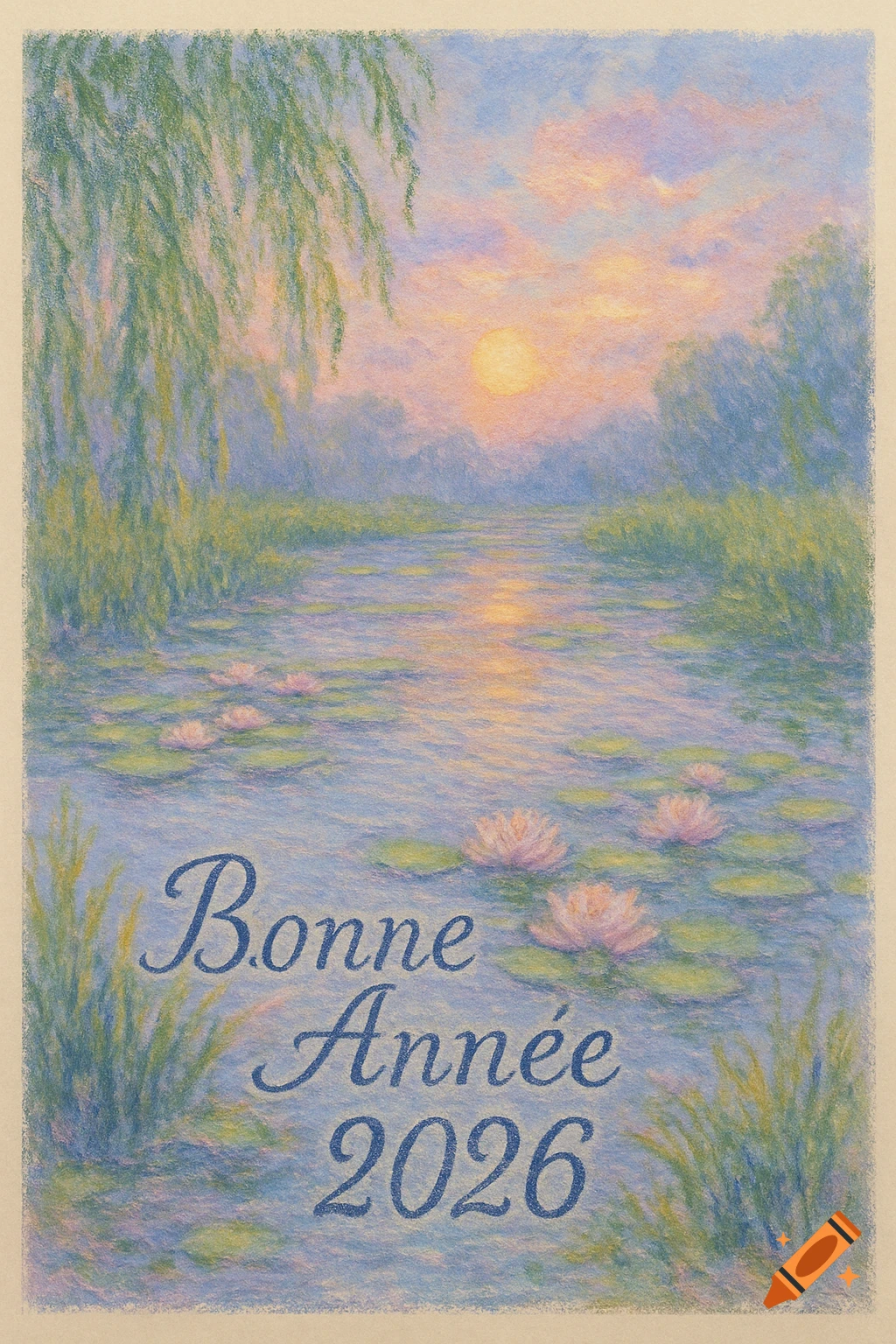 A serene, Monet-style pastel painting of a pond with water lilies at sunset, featuring a willow tree and the text "Bonne Année 2026".