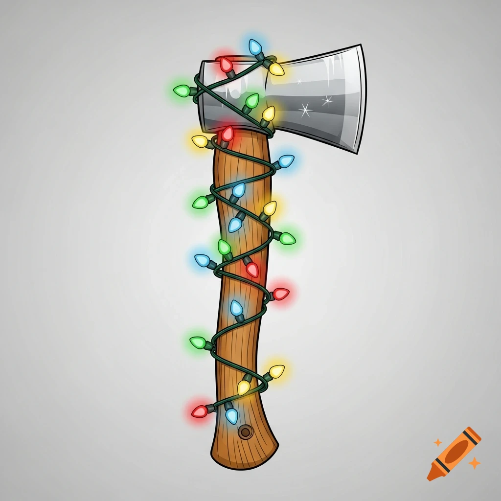A cartoon hatchet with a wooden handle and silver blade, wrapped in colorful Christmas lights, on a gray background.