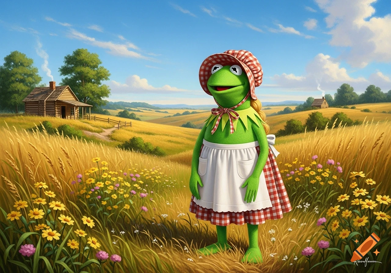 Kermit the Frog dressed as Laura Ingalls, wearing a bonnet and apron, stands in a sunny field of wheat and wildflowers with a cabin.