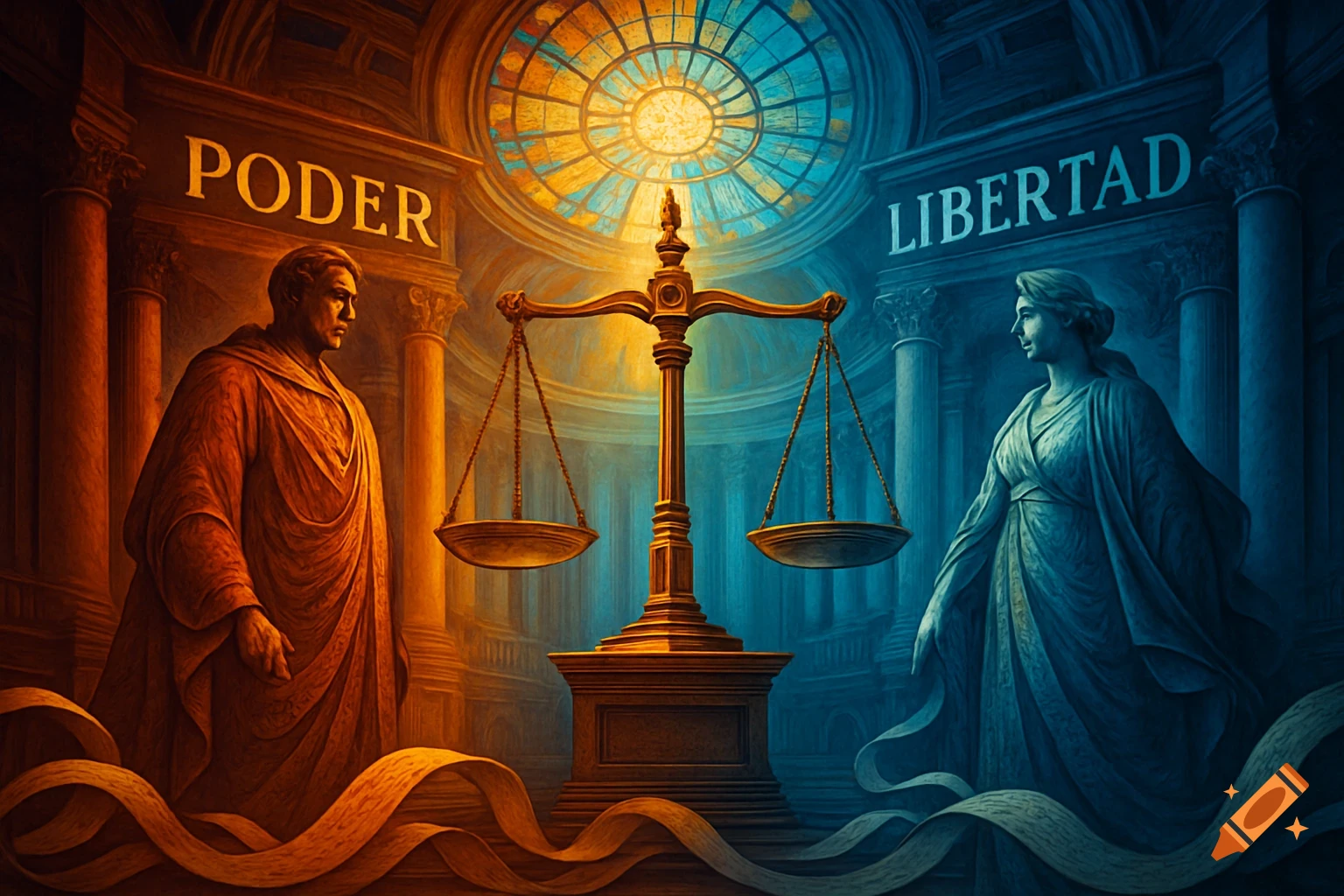 A stylized painting depicts a golden scale of justice between a robed male figure representing 'Poder' and a robed female figure for 'Libertad' in a grand hall with a stained-glass window.