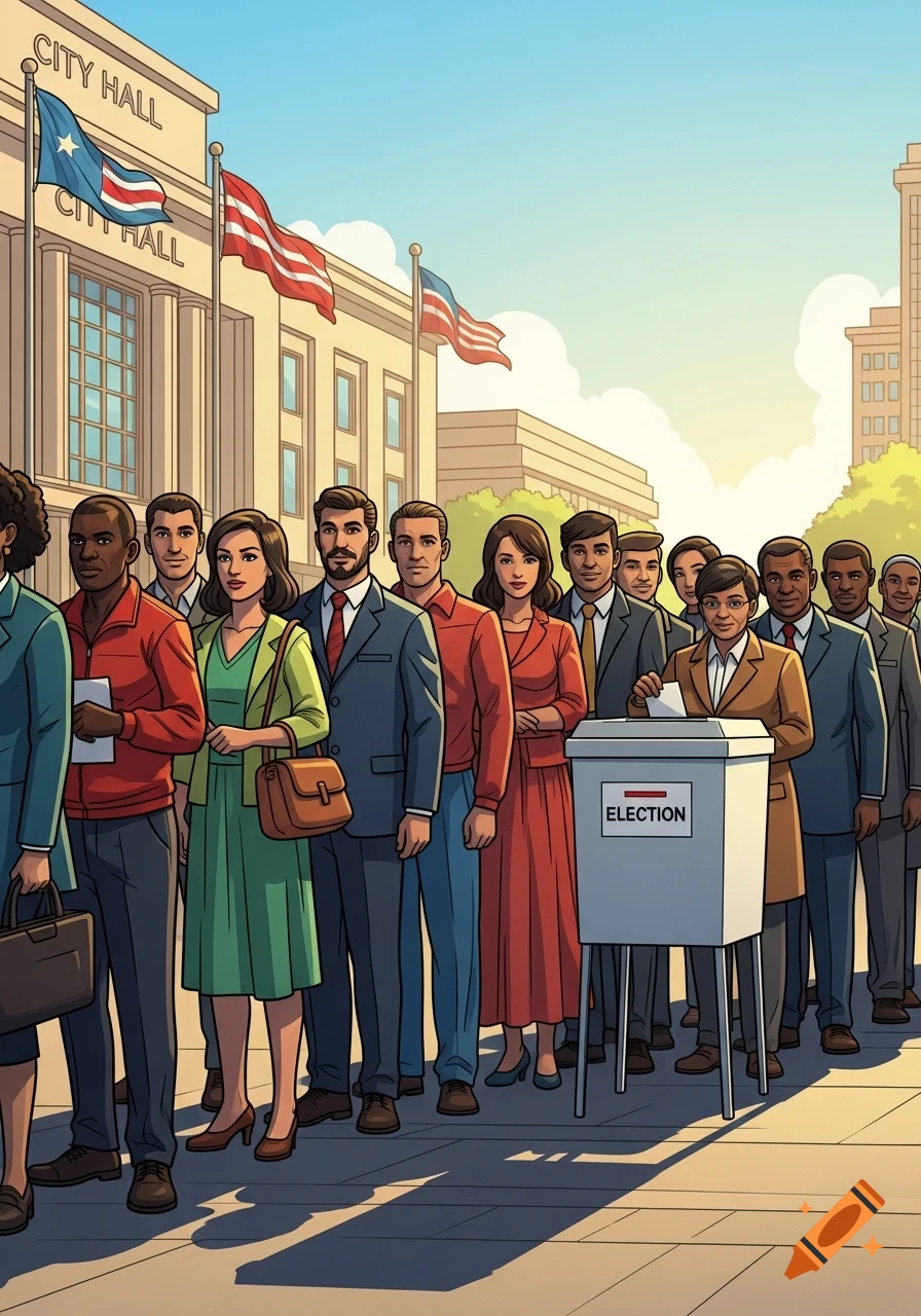 A diverse crowd of people in comic art style lining up to vote outside a city hall building with flags.
