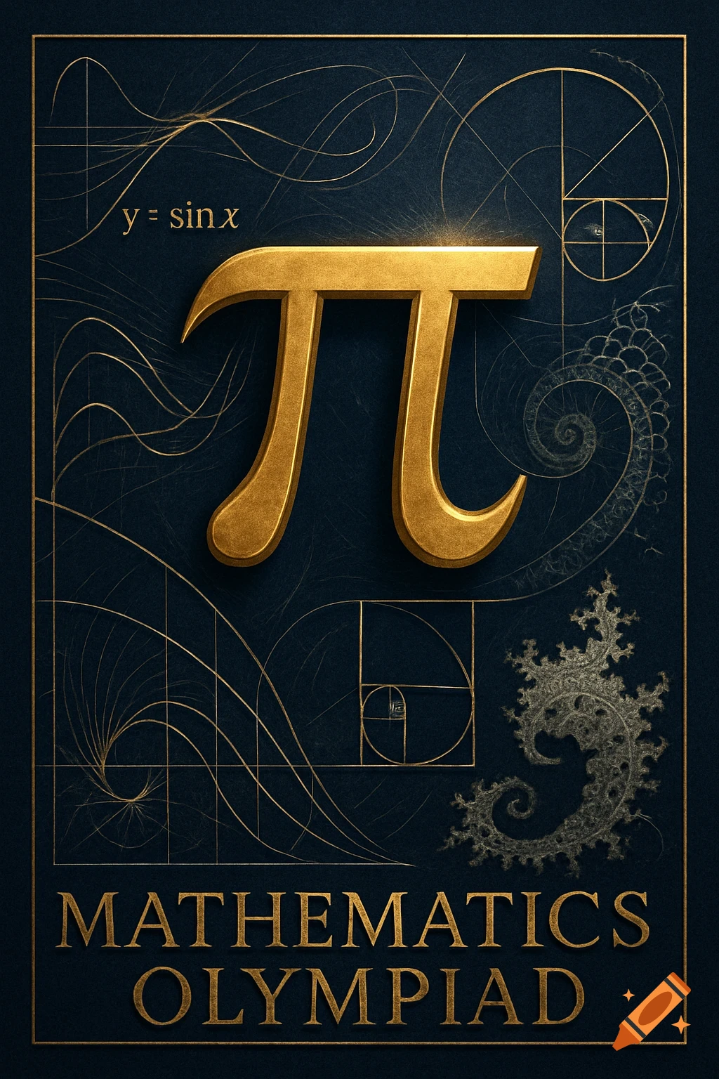 Elegant dark blue and gold poster with a large golden Pi symbol, 'MATHEMATICS OLYMPIAD' text, and mathematical diagrams.