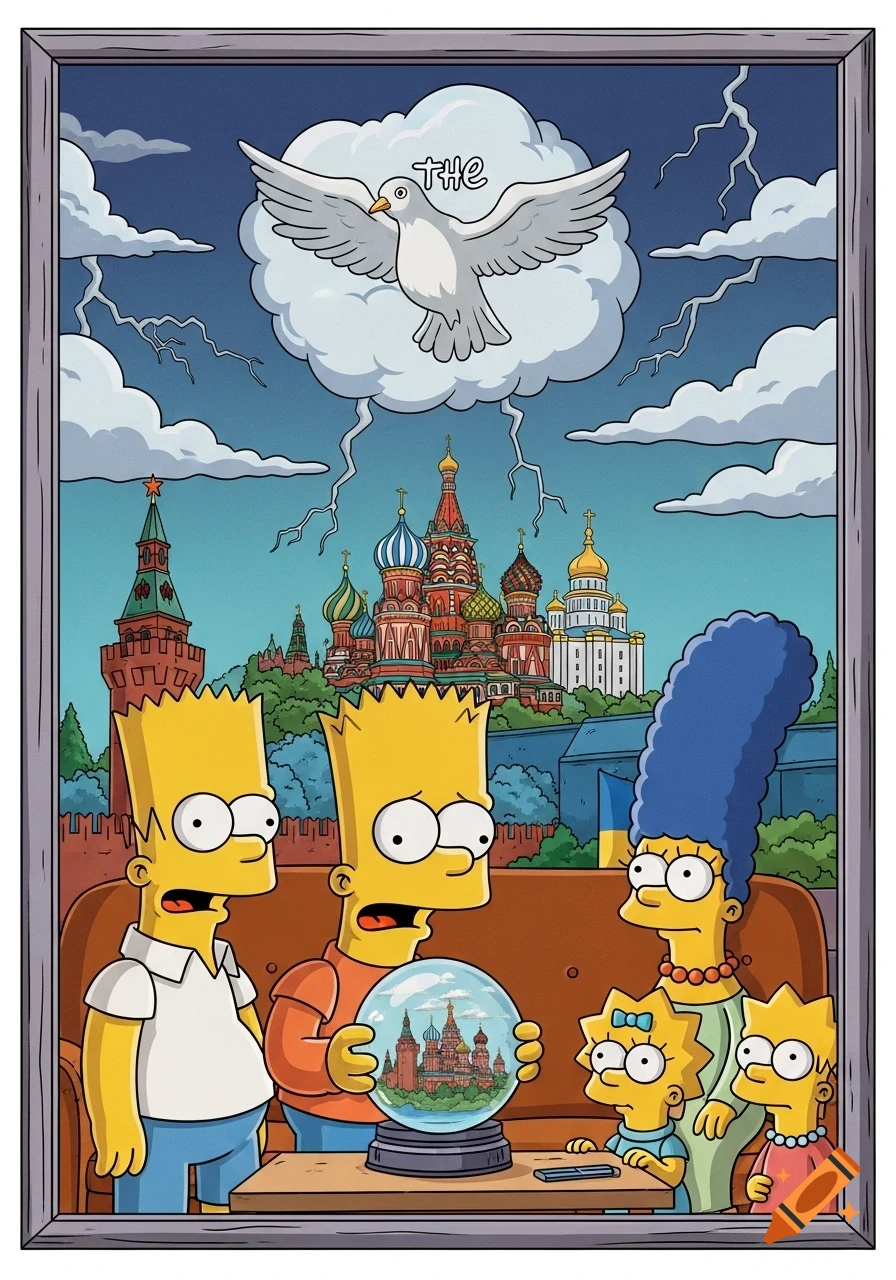 The Simpsons family looking at a snow globe containing St. Basil's Cathedral, with an ominous sky above featuring a dove and lightning.