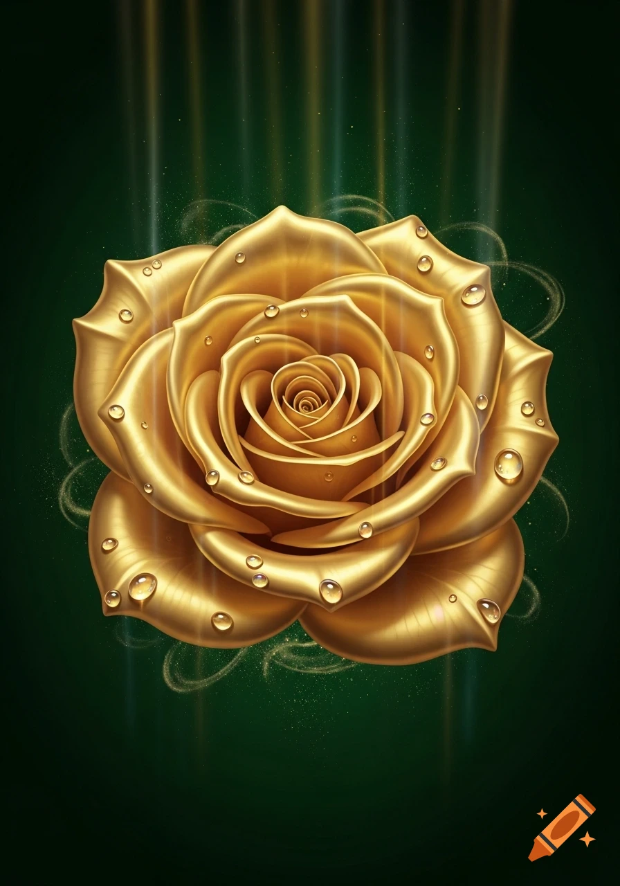 A vibrant golden rose with glistening water droplets, set against a dark green background with subtle light beams.