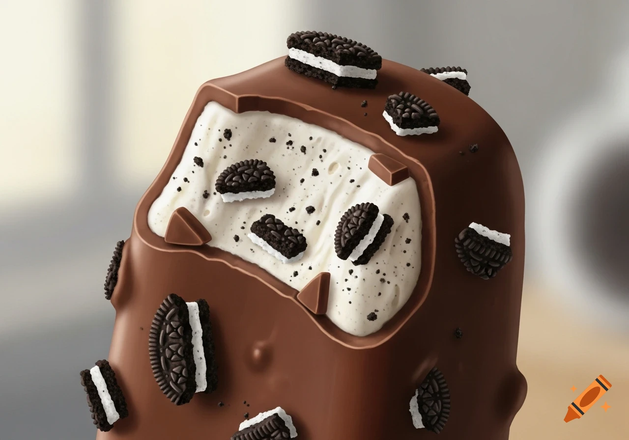 Close-up of a chocolate-covered ice cream bar, a bite revealing vanilla ice cream with chocolate cookie pieces and sandwich cookies, photorealistic.