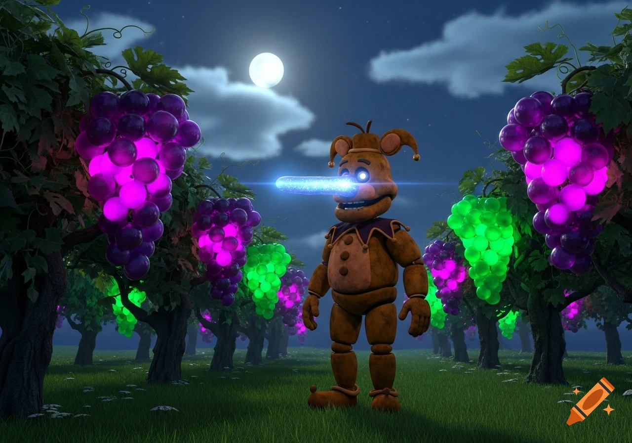 A brown animatronic character with a glowing blue nose and jester hat stands in a vineyard at night, surrounded by glowing purple and green grapes under a full moon.