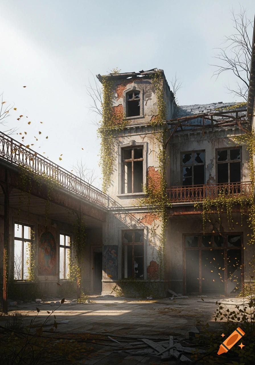 A detailed photorealistic image of an abandoned, decaying building covered in vines with shattered windows and a rusted balcony.