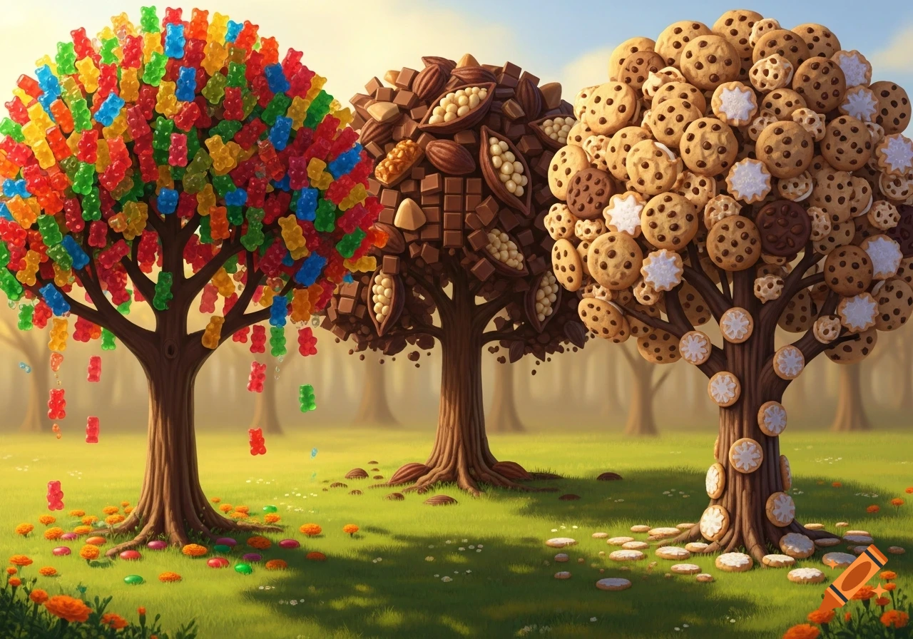 Three whimsical trees in a grassy field; one covered in colorful gummy bears, one in chocolate and cocoa pods, and one in chocolate chip cookies.