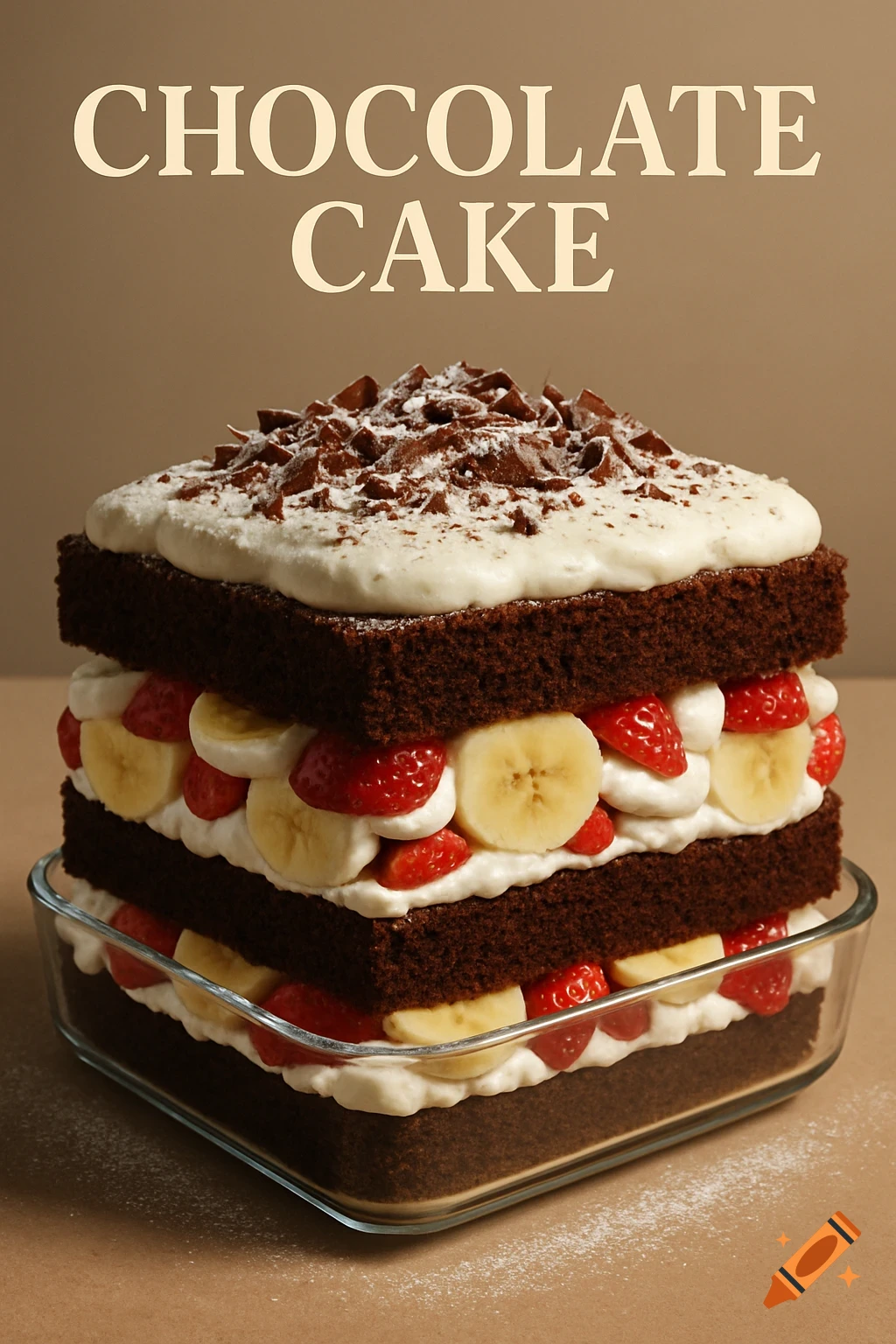 A three-layer chocolate cake with cream, sliced bananas, and strawberries, topped with chocolate shards and powdered sugar, in a square glass dish.