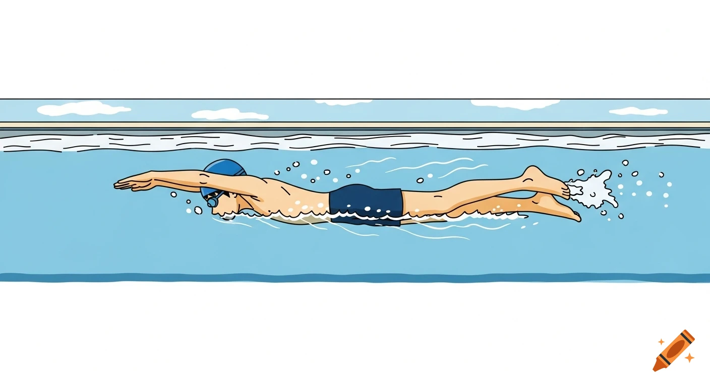 A cartoon illustration of a swimmer in a blue cap and goggles doing a front crawl in a clear blue pool.