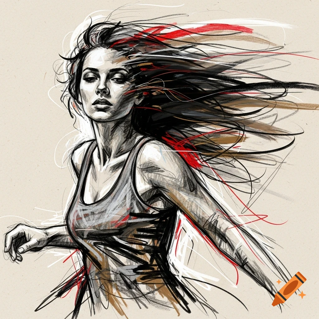 A dynamic expressive mixed-media sketch portrait of a woman with long, flowing dark hair and red and white accents.