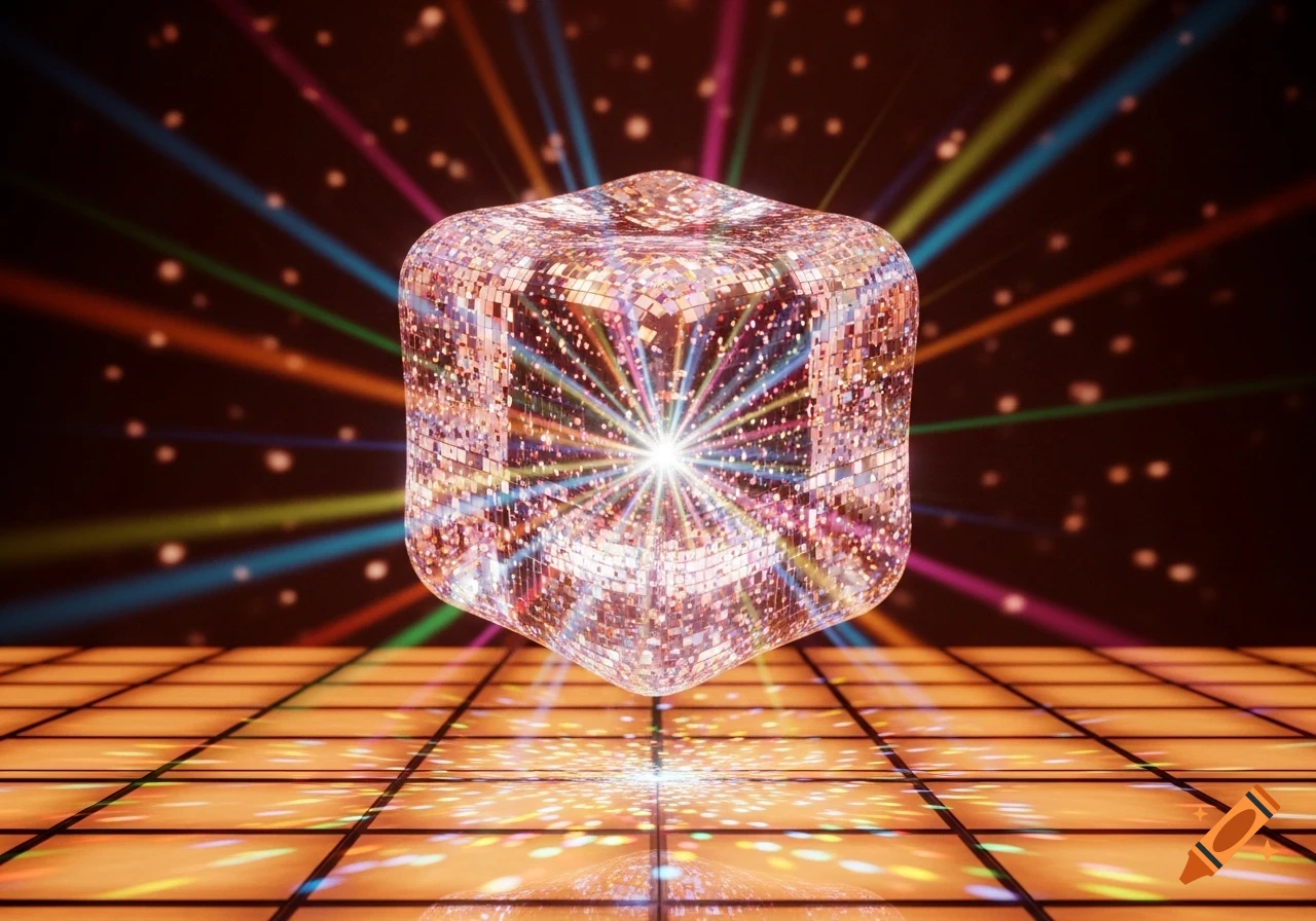 A sparkling, faceted disco-style cube floats above a reflective, illuminated dance floor with colorful light beams.