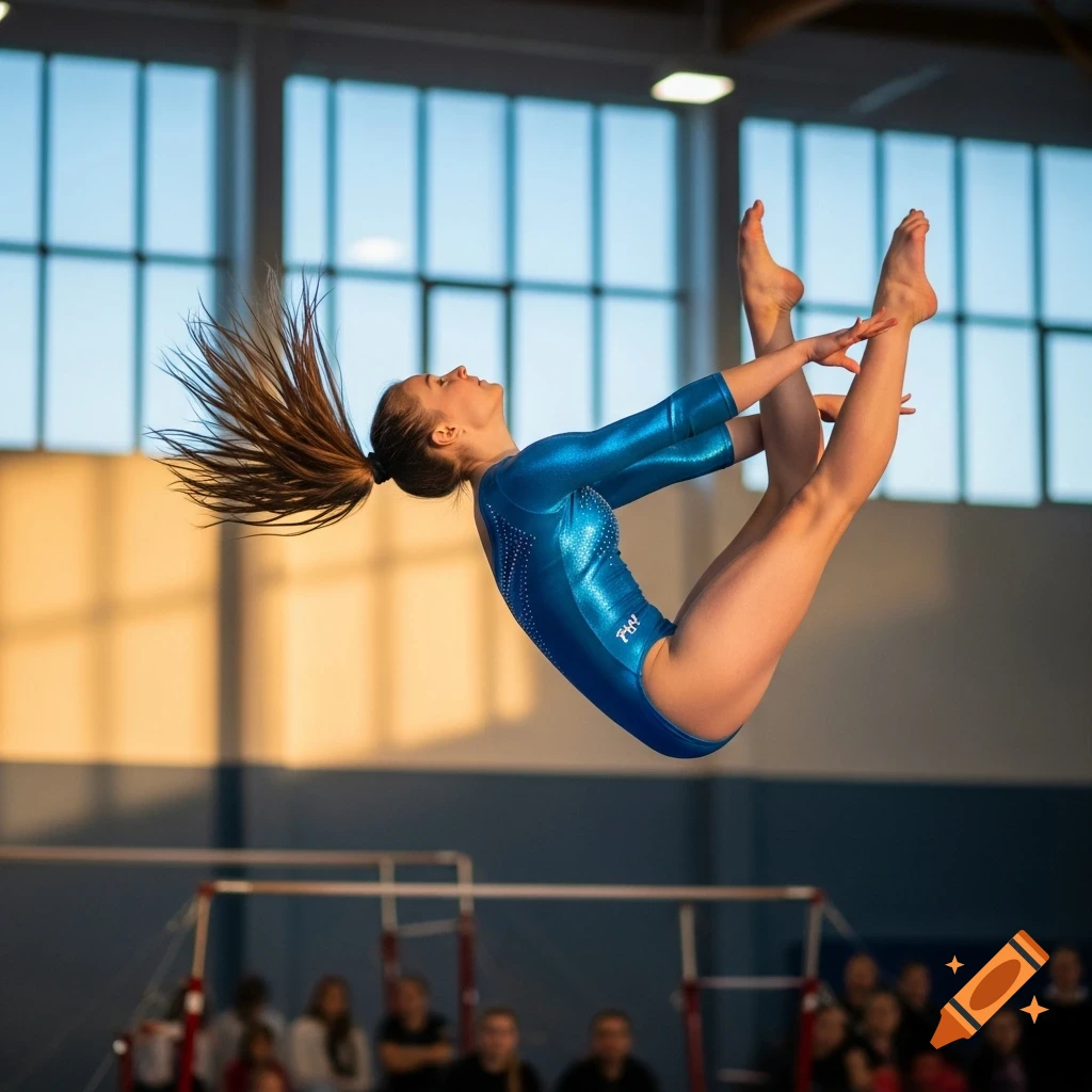 A female gymnast in a shimmering blue leotard performs an acrobatic maneuver mid-air in a well-lit gymnasium.