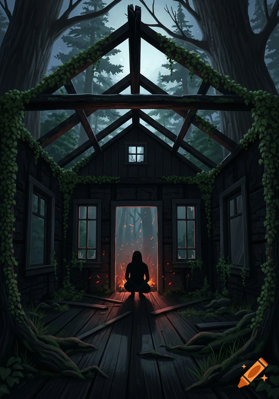 A silhouetted figure crouches in the doorway of a dark, overgrown, burned-out cabin within a forest, glowing embers on the floor.