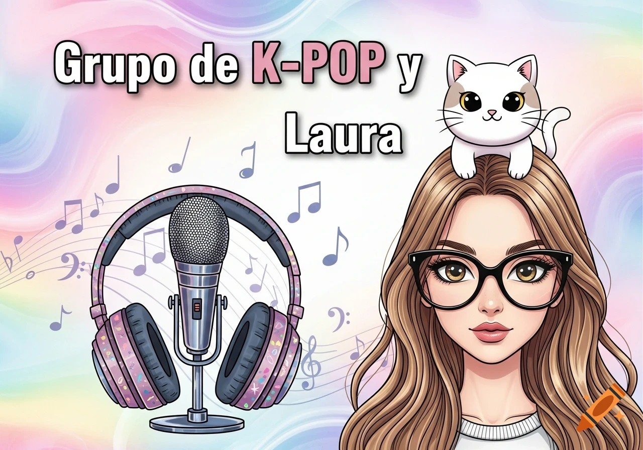 A colorful, K-pop style illustration featuring a girl with glasses and a cat on her head, a microphone, headphones, and musical notes. The title reads "Grupo de K-POP y Laura".