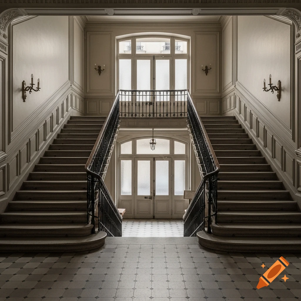 Grand symmetrical staircase in a classical building entrance, featuring ornate banisters, wall paneling, and large windows.