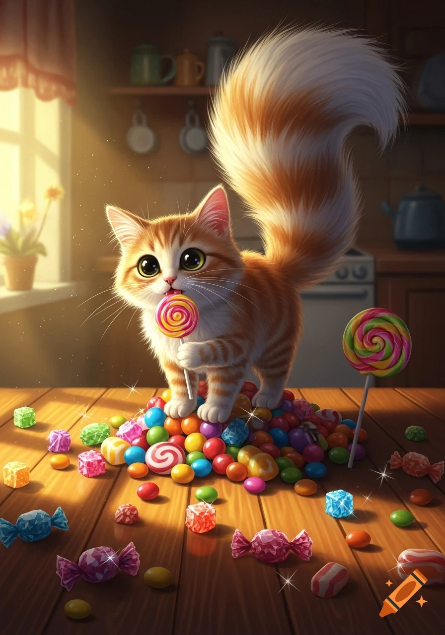 A cute orange and white striped cat stands on a pile of colorful candies, licking a pink and yellow swirl lollipop, in a sunlit kitchen.