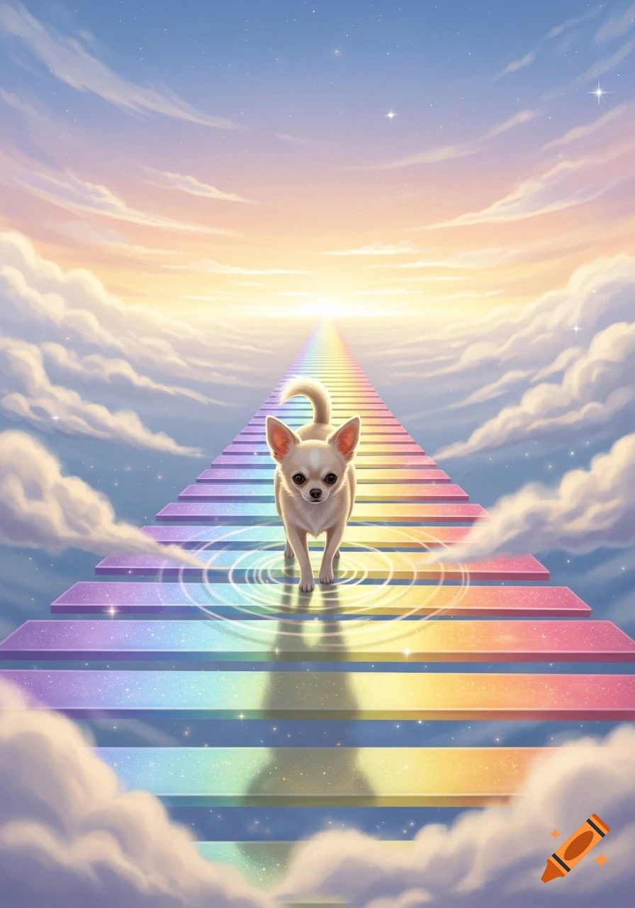 A creme-colored chihuahua walks on a rainbow bridge through clouds in a colorful, bright sky.