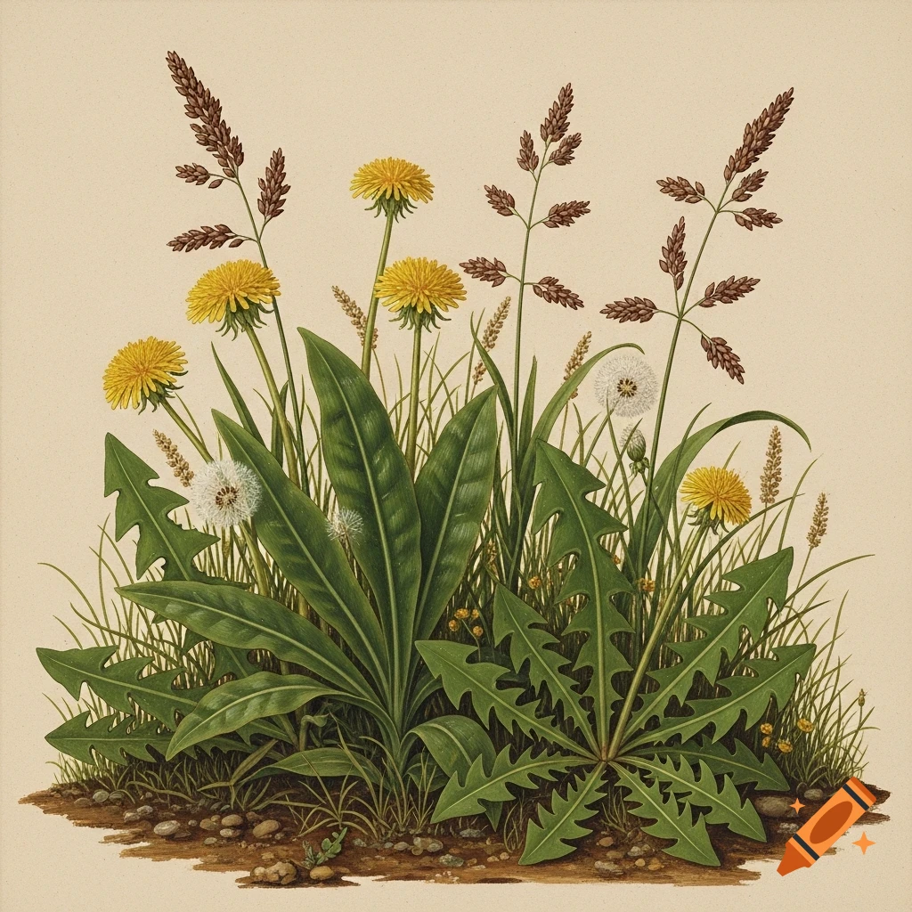 A detailed botanical illustration of dandelions, plantains, and grasses growing from a patch of soil.