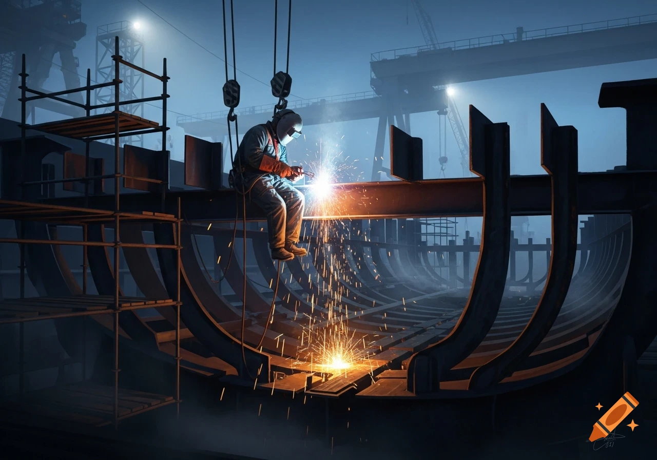 Photorealistic image of a welder on a ship frame, sparks flying in a dimly lit industrial shipyard with cranes.