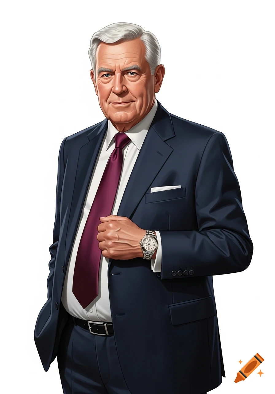 An illustrative portrait of an older man in a navy suit, maroon tie, and a watch, with a beer gut, standing against a white background.