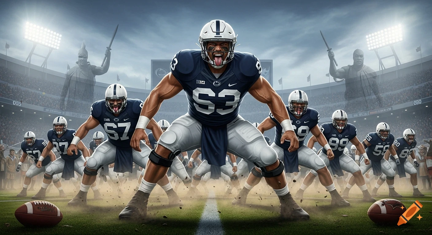 A dynamic image of a Penn State football team performing a war-like Sipi Tau, with ghostly Tongan warriors in the background.