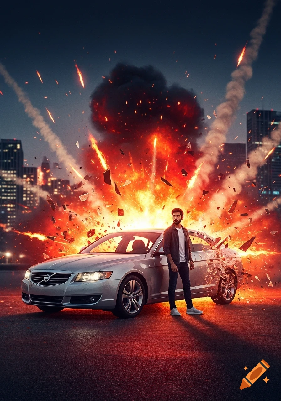 A man stands next to a silver car amidst a fiery explosion with smoke and debris in a city setting at night.