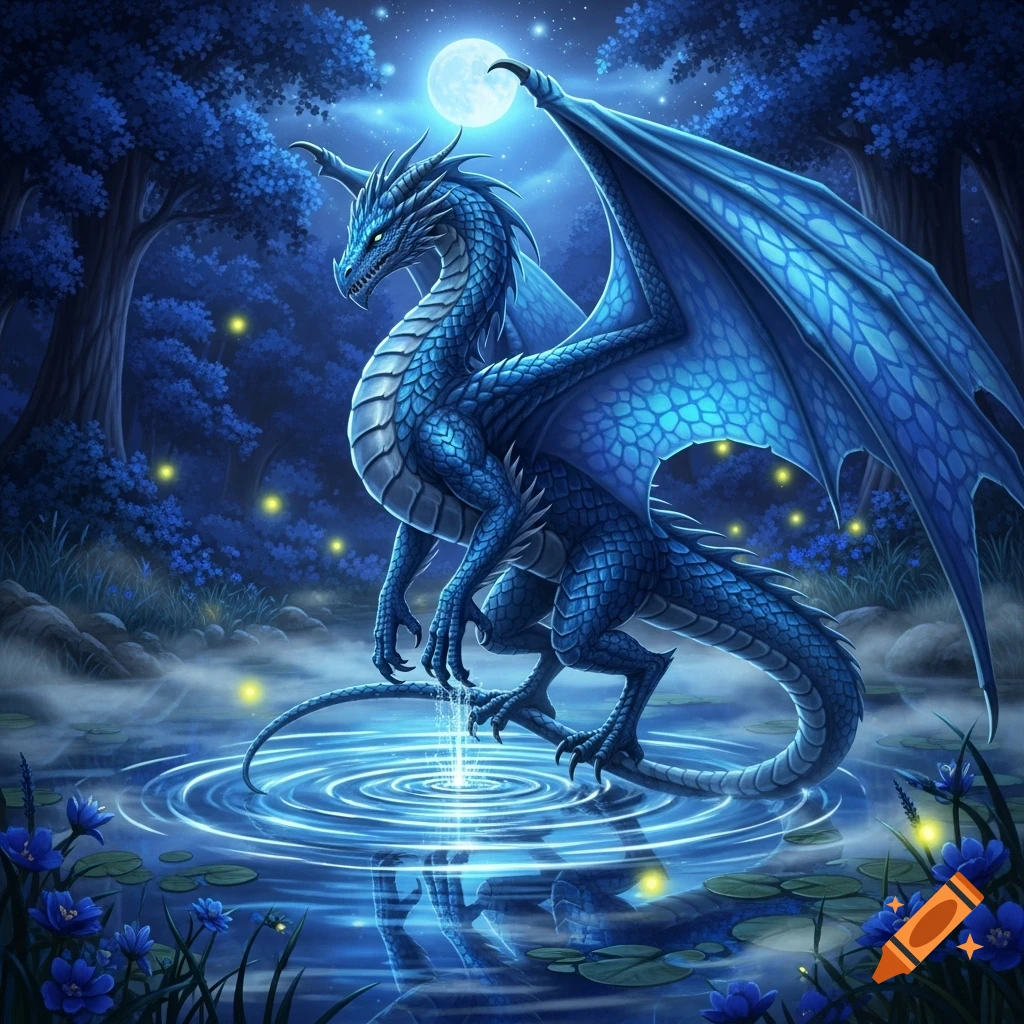 A majestic blue dragon with large wings stands in a moonlit pond, causing ripples in the water amidst a glowing forest.