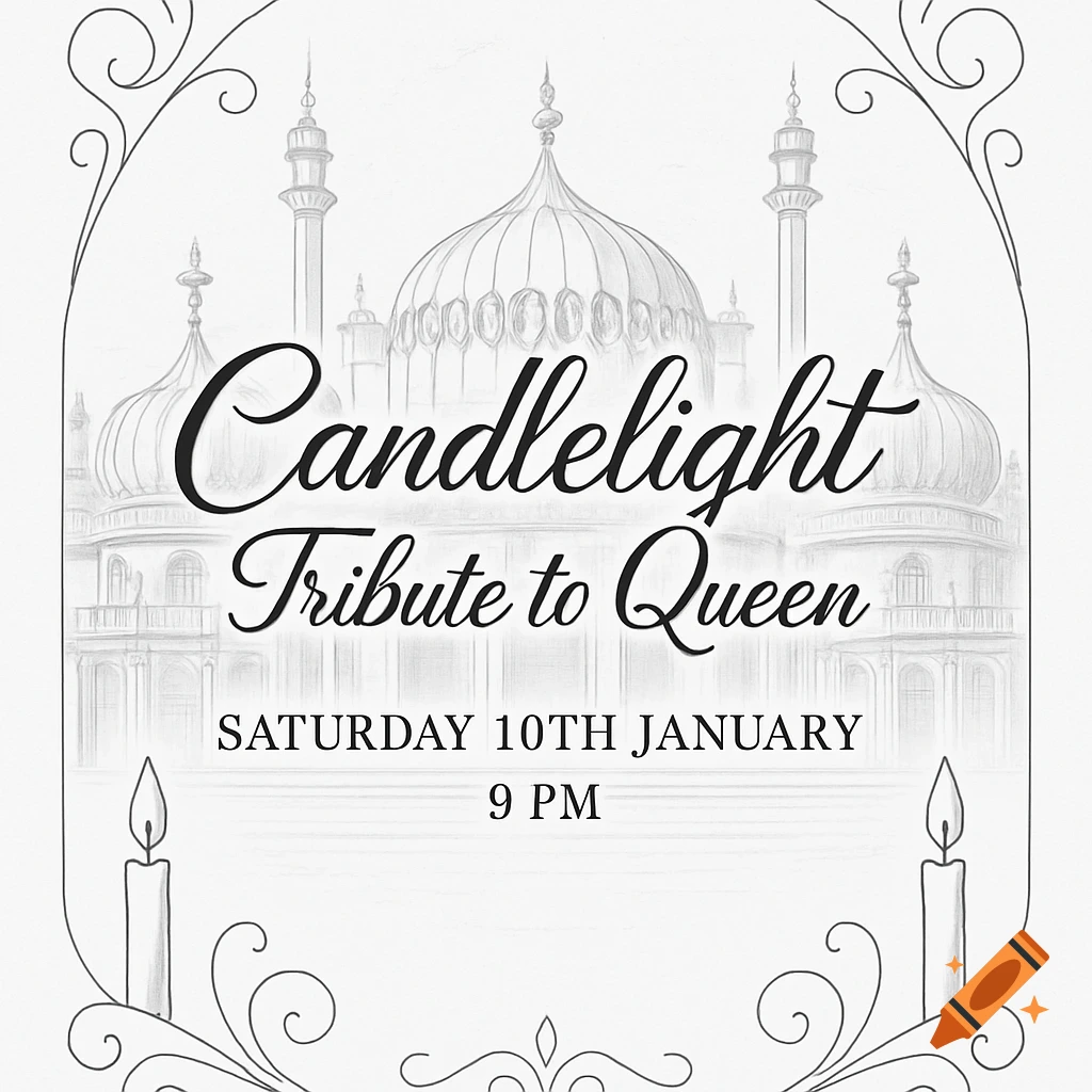 Black and white sketch invitation: 'Candlelight Tribute to Queen' event at a domed palace.