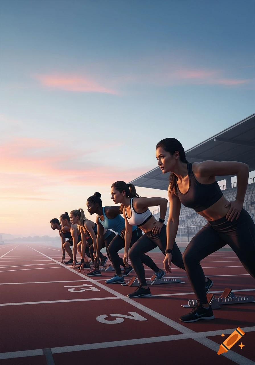 Photorealistic image of a diverse group of male and female athletes in starting blocks on a running track at dawn.