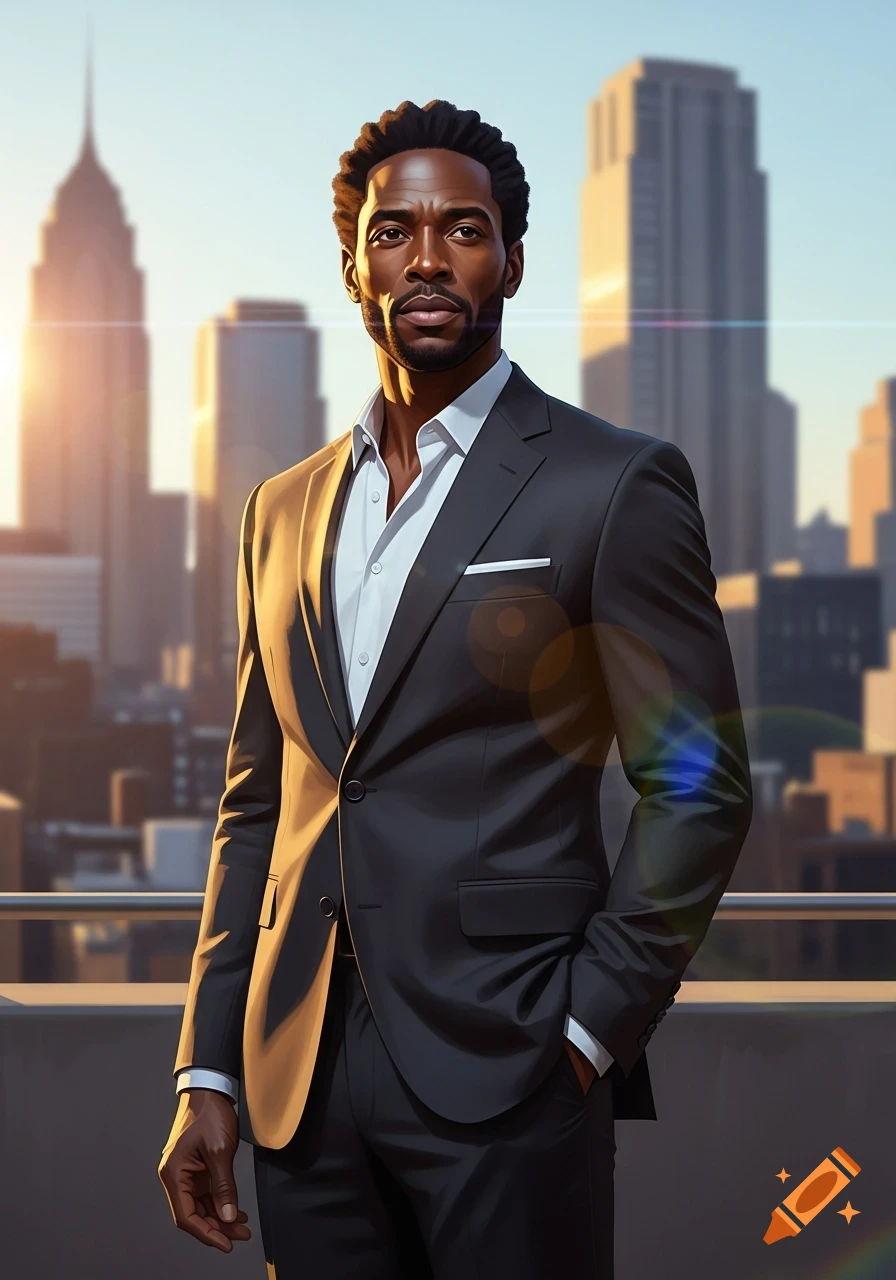 Photorealistic portrait of a Black man in a dark suit and white shirt ...