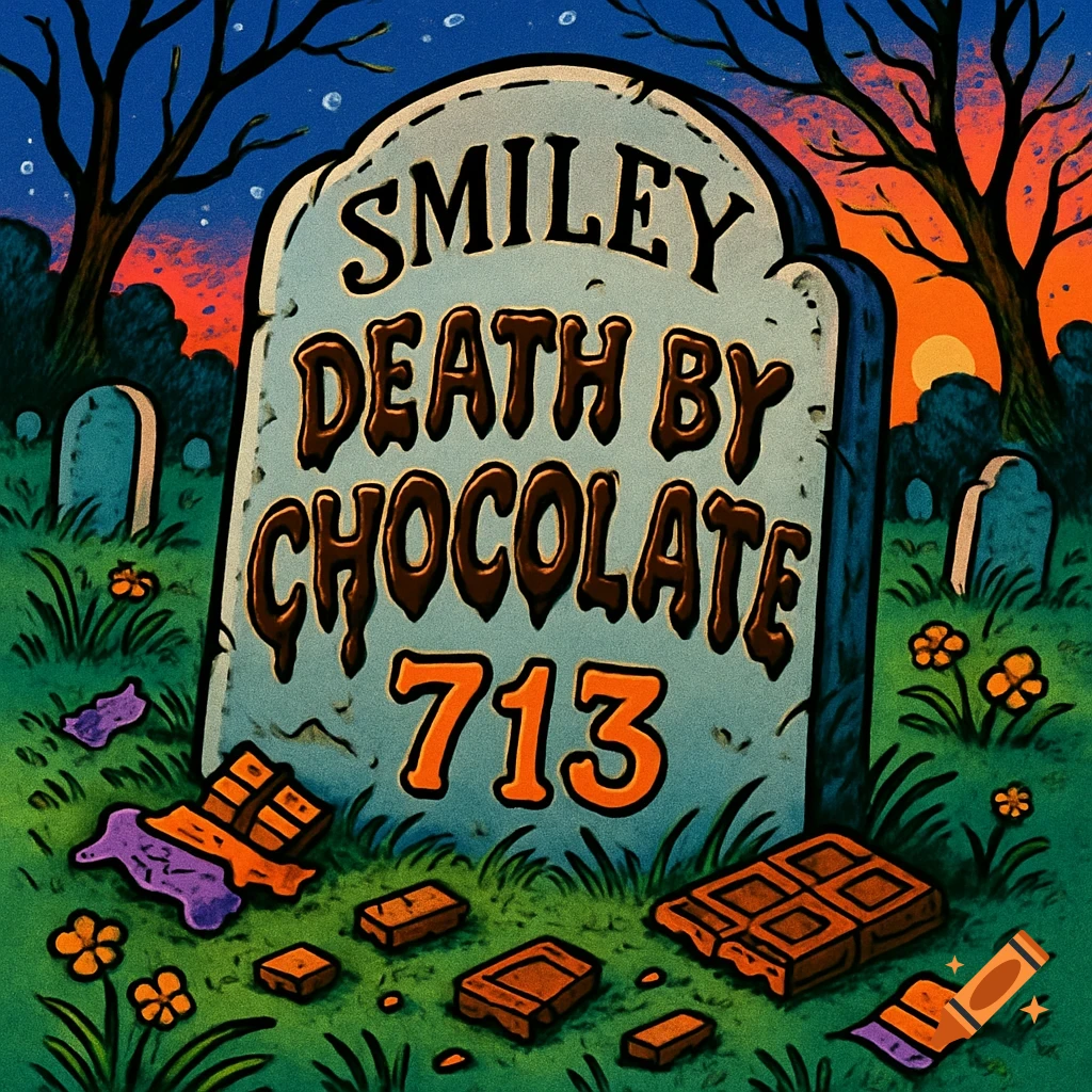 Comic art of a tombstone in a graveyard inscribed "Smiley, Death by Chocolate, 713", with chocolate pieces scattered around.