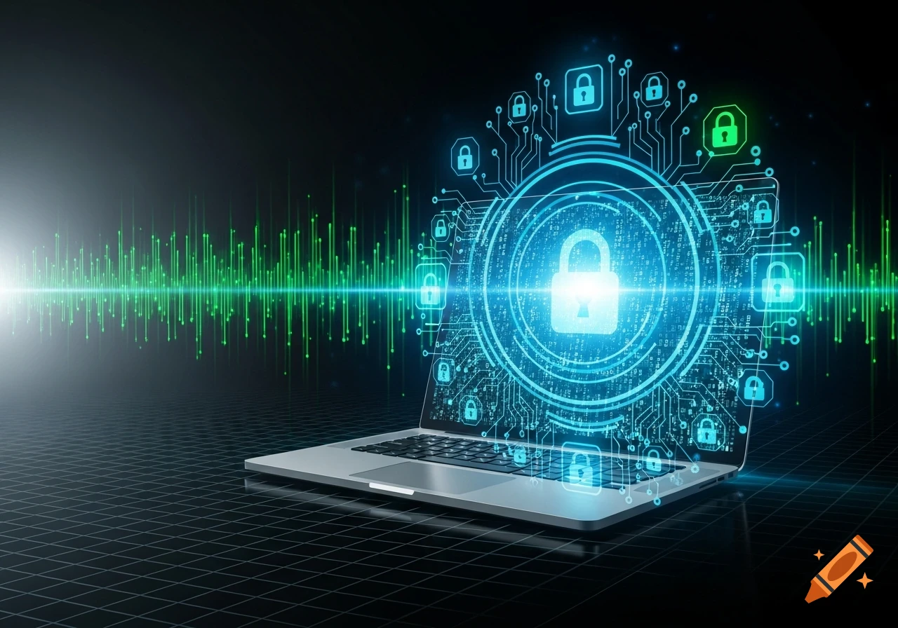 A laptop emitting a glowing blue digital security shield with a padlock icon, surrounded by smaller locks and a green waveform, on a dark grid surface.