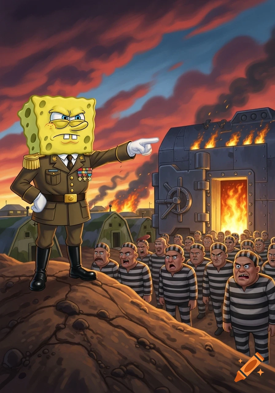 Cartoon Spongebob in military uniform points at a flaming vault, ushering prisoners in striped uniforms within a burning military camp.