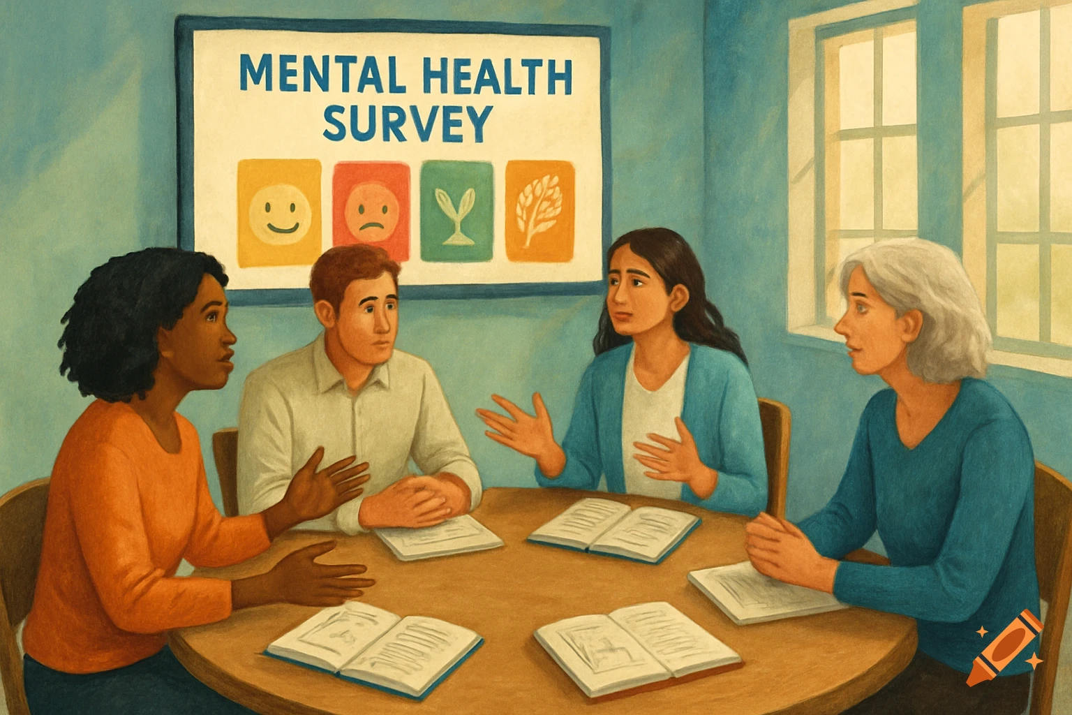 Four diverse people sit around a table, discussing, with a 'Mental Health Survey' poster behind them in an illustrative style.