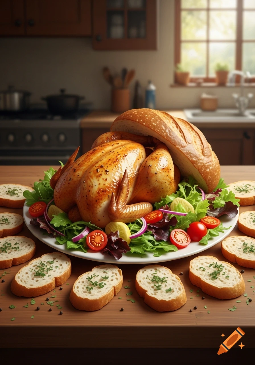 A roasted whole chicken on a white platter with a fresh green salad, tomato, and onion slices, topped with a loaf of bread. Slices of baguette are arranged around it on a wooden table in a kitchen.