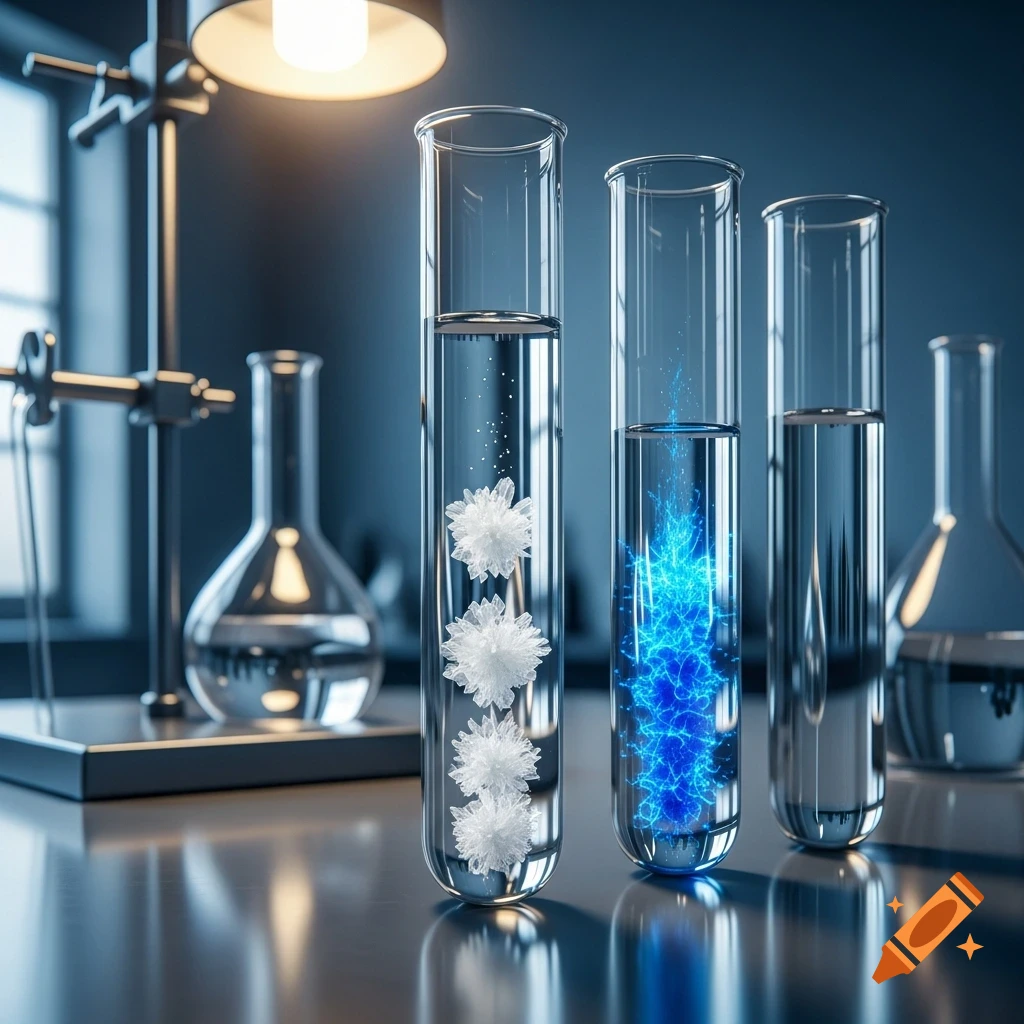 Three test tubes with transparent solutions in a laboratory, one with white precipitates and another with blue glowing particles.