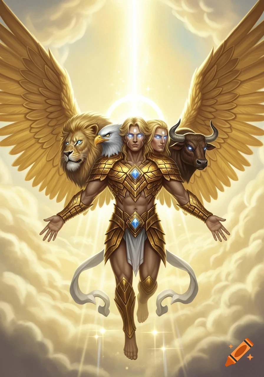 A powerful angel with a man's body, golden armor, large golden wings, and the faces of a lion, eagle, man, and bull, floats in a bright, cloudy golden sky.