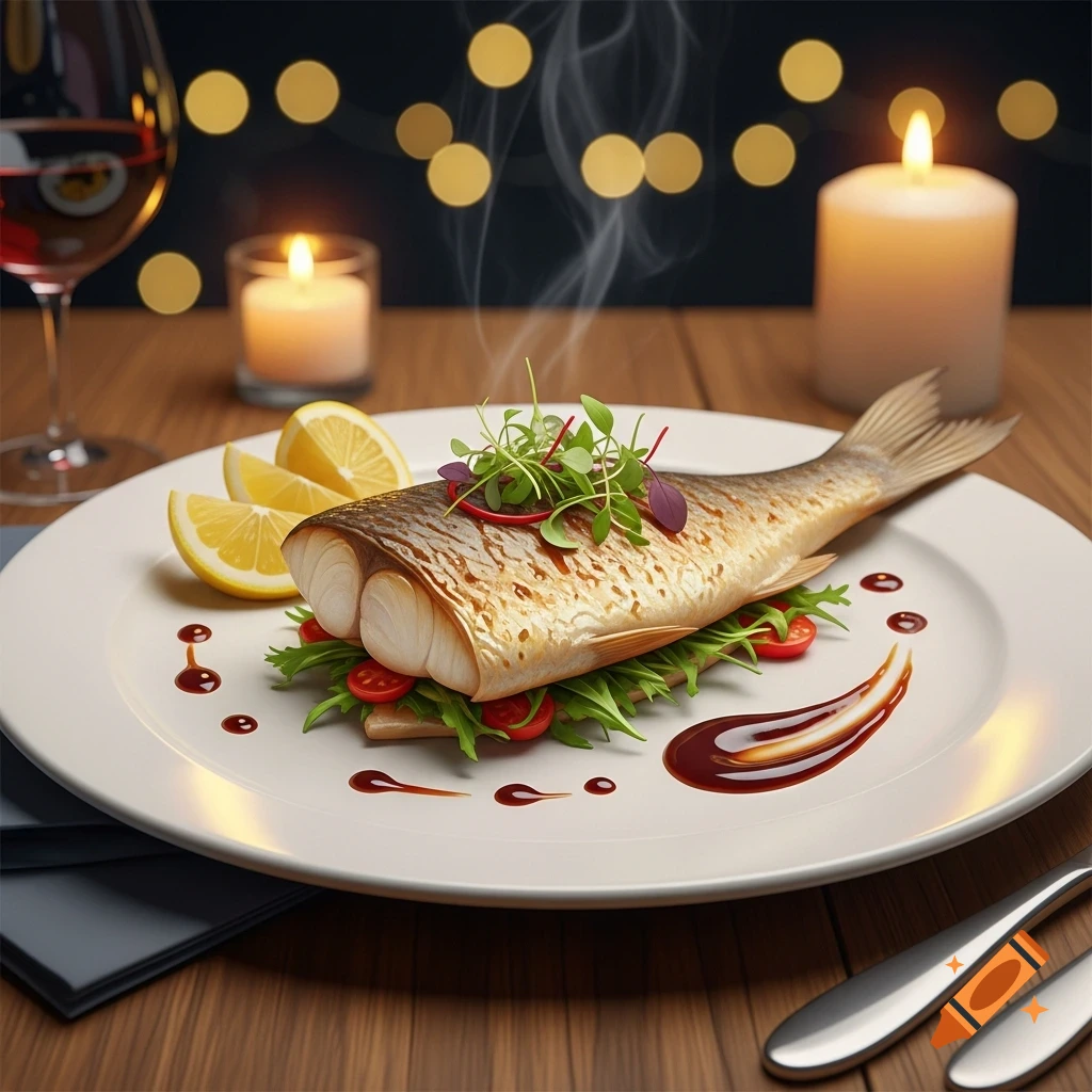 Photorealistic image of a whole roasted fish dish with lemon, greens, and sauce on a white plate, served on a table with candles and wine.