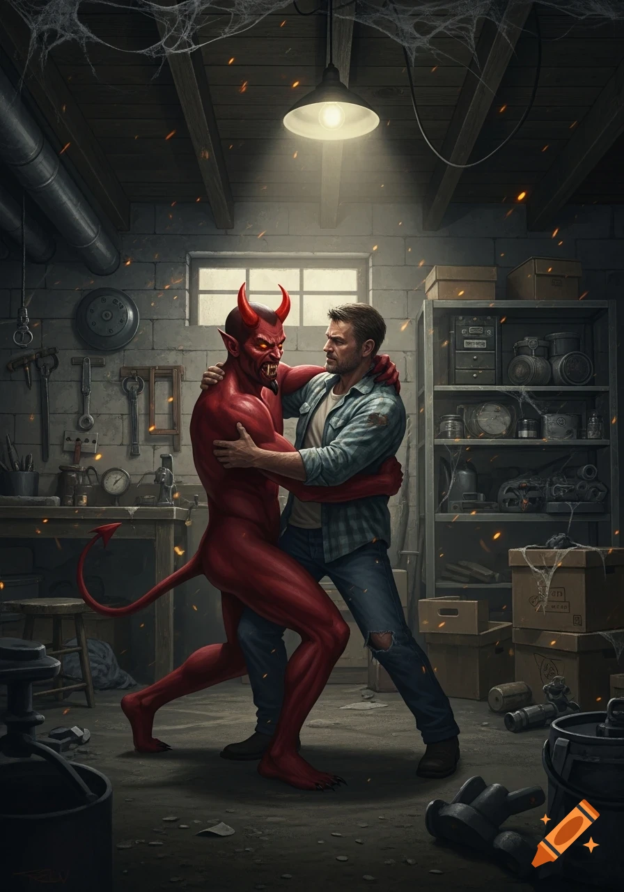 A man in a plaid shirt and jeans wrestles a red-skinned, horned devil with a tail in a dimly lit, dusty basement workshop.