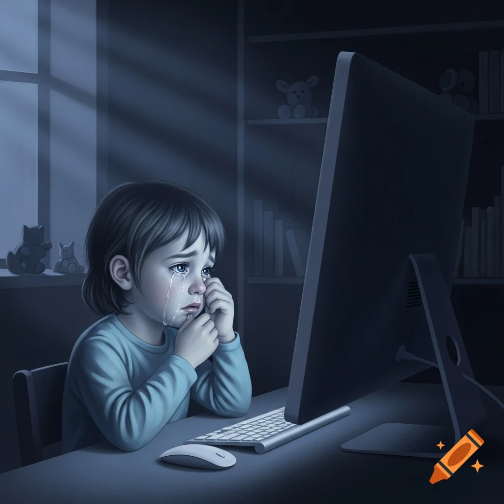 A young child with dark hair cries while looking at a desktop computer in a dimly lit room, tears running down their face.