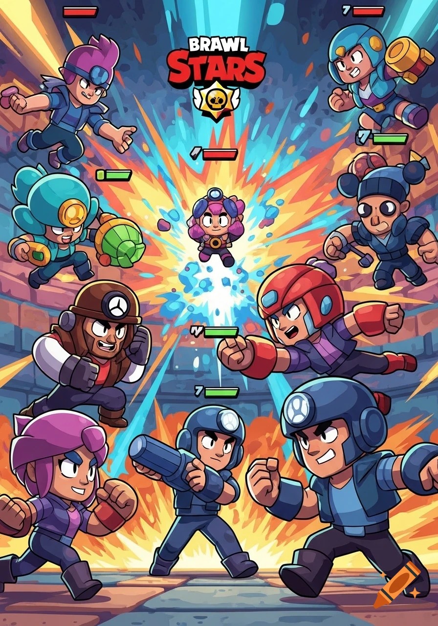 A colorful cartoon illustration of multiple Brawl Stars characters in dynamic action poses, with the game's logo 'BRAWL STARS' at the top.