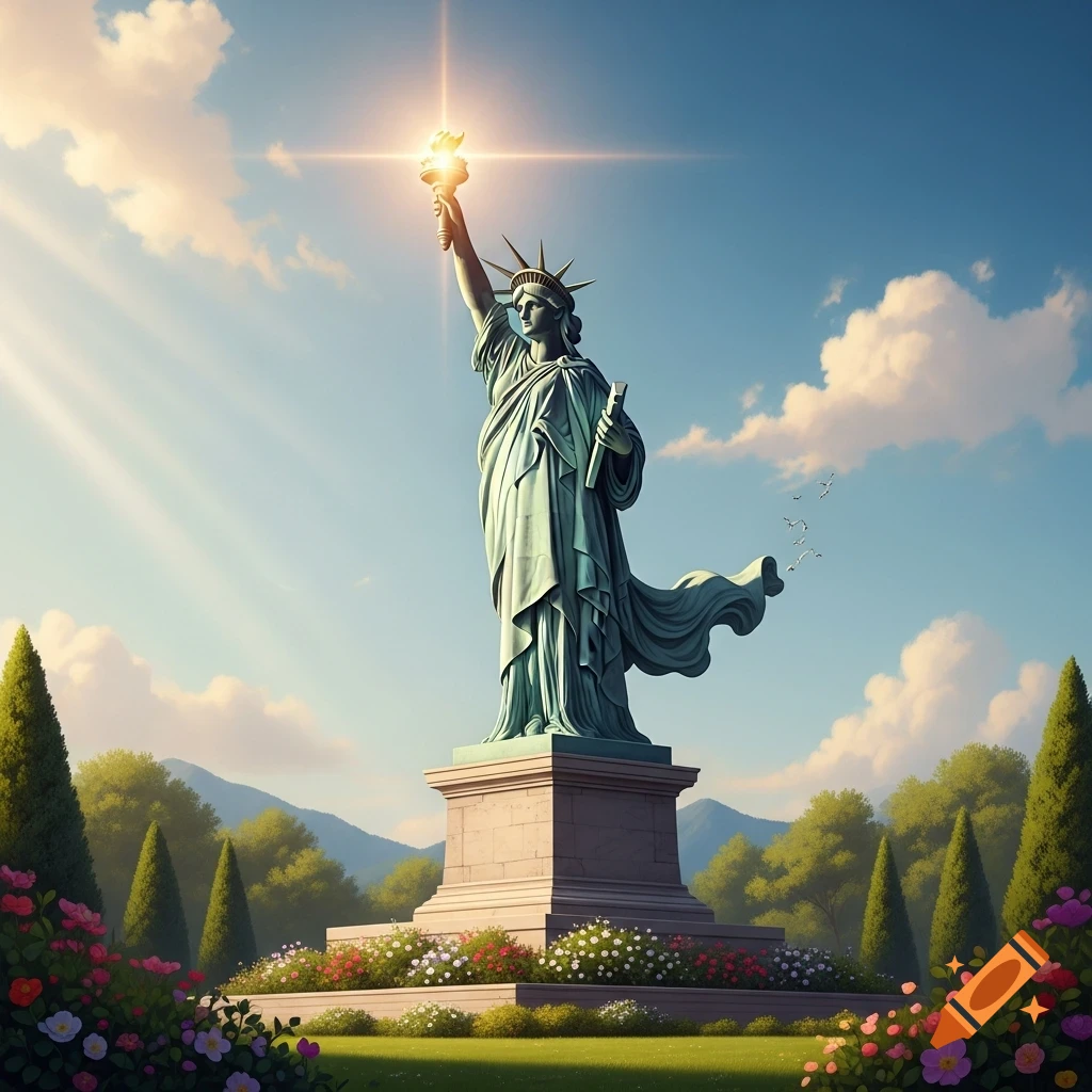 The Statue of Liberty stands tall in a lush green park with colorful flowers and trees under a bright blue sky, sunlight beaming from its torch.